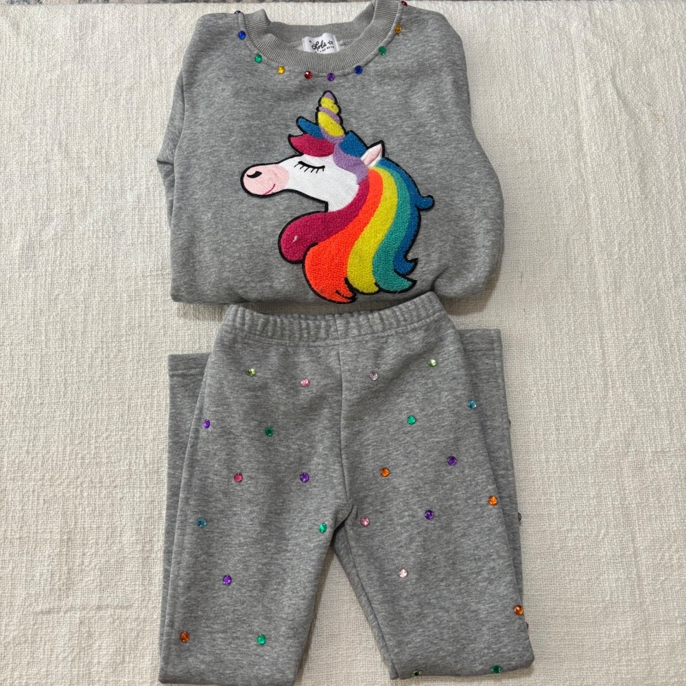 Lola + The Boys Kids Grey Unicorn Chenille Patch Rhinestone Sweatshirt Set Sz 6